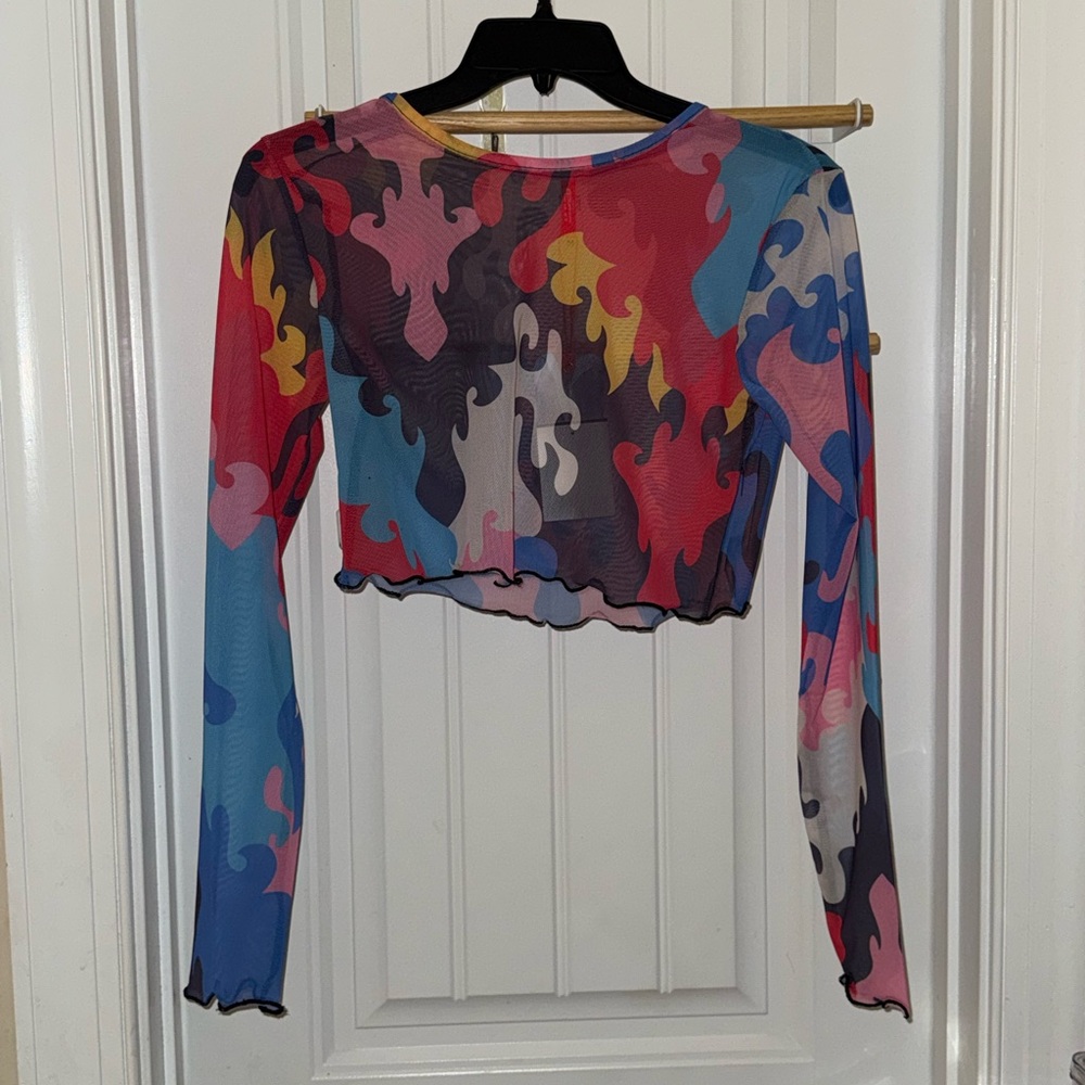 NWT Jaded London Mesh Colorful Abstract Long Sleeve Crop Top